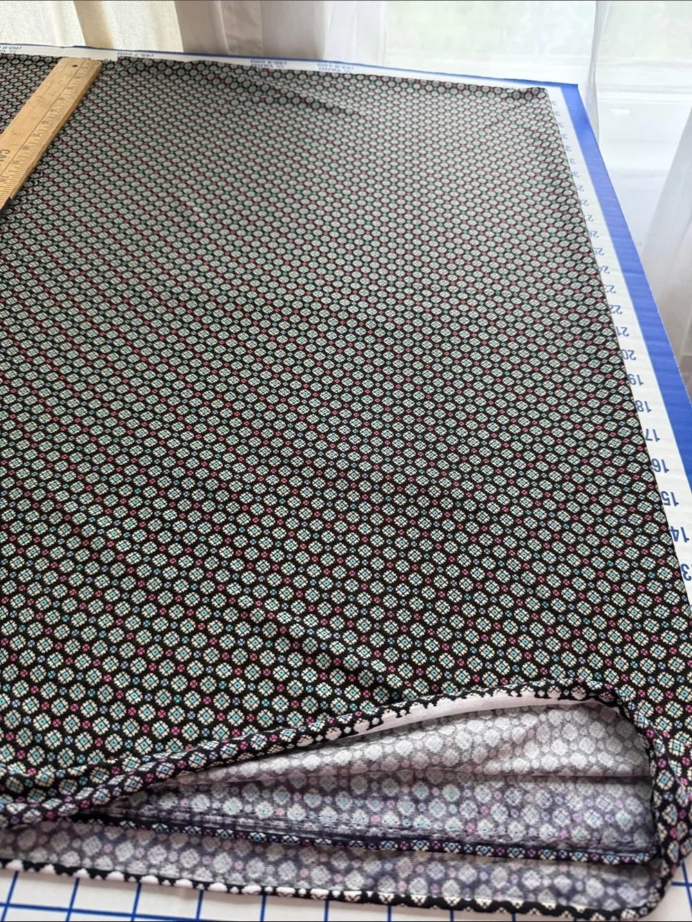 Vintage 70s 80s Geometric Polyester Knit Fabric Black Turquoise 2.5 Yards